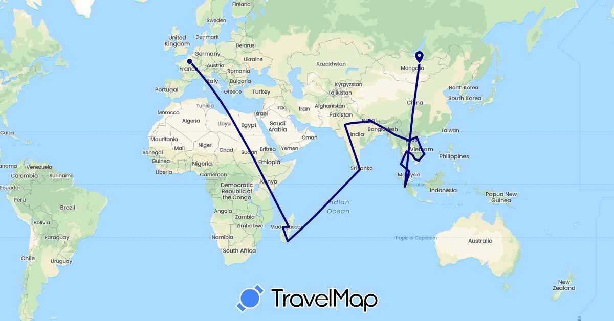 TravelMap itinerary: driving in France, Indonesia, India, Cambodia, Laos, Sri Lanka, Madagascar, Myanmar (Burma), Mongolia, Malaysia, Nepal, Thailand, Vietnam (Africa, Asia, Europe)